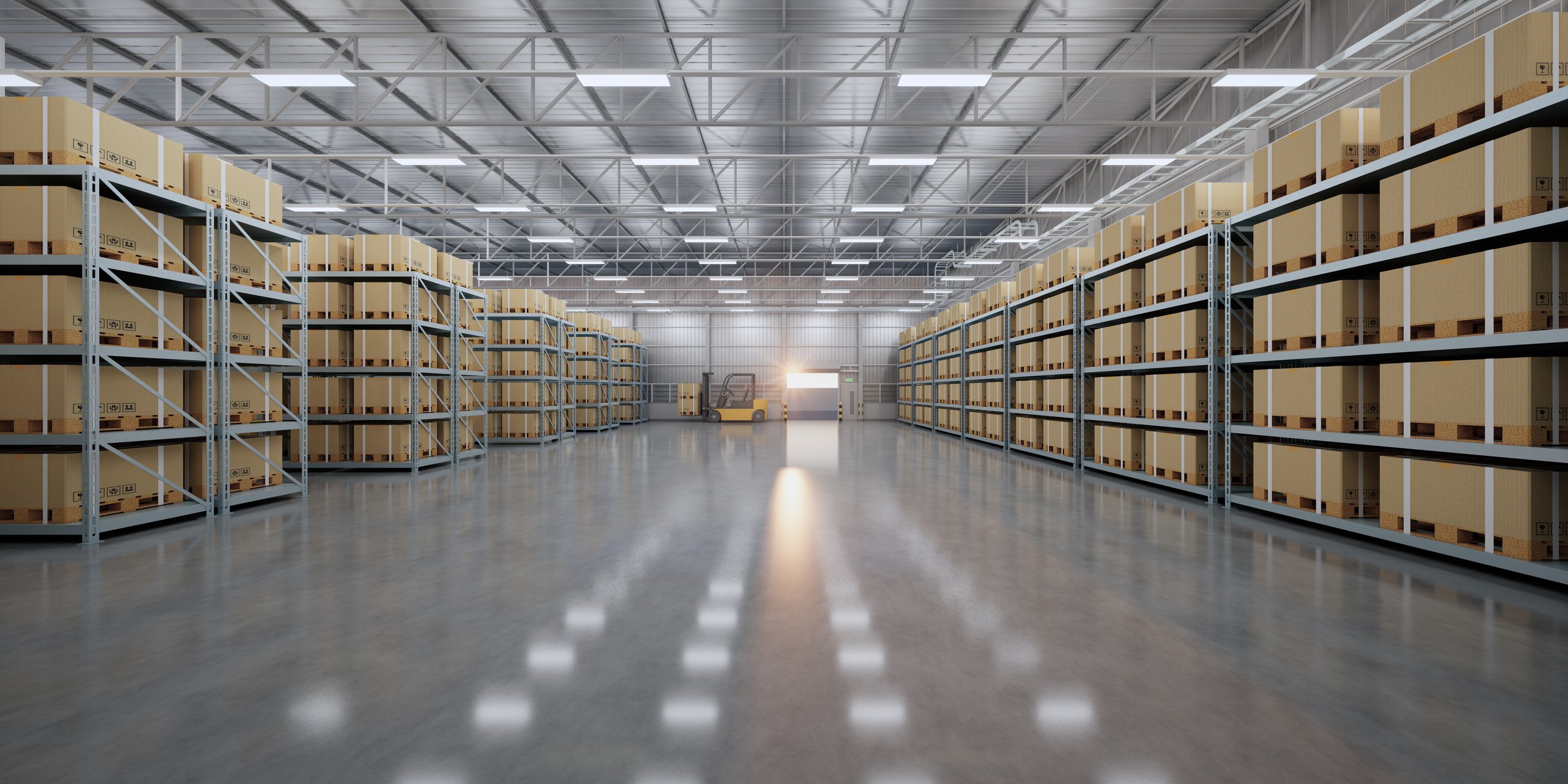 Industrial warehouse interior with high ceiling and LED lighting