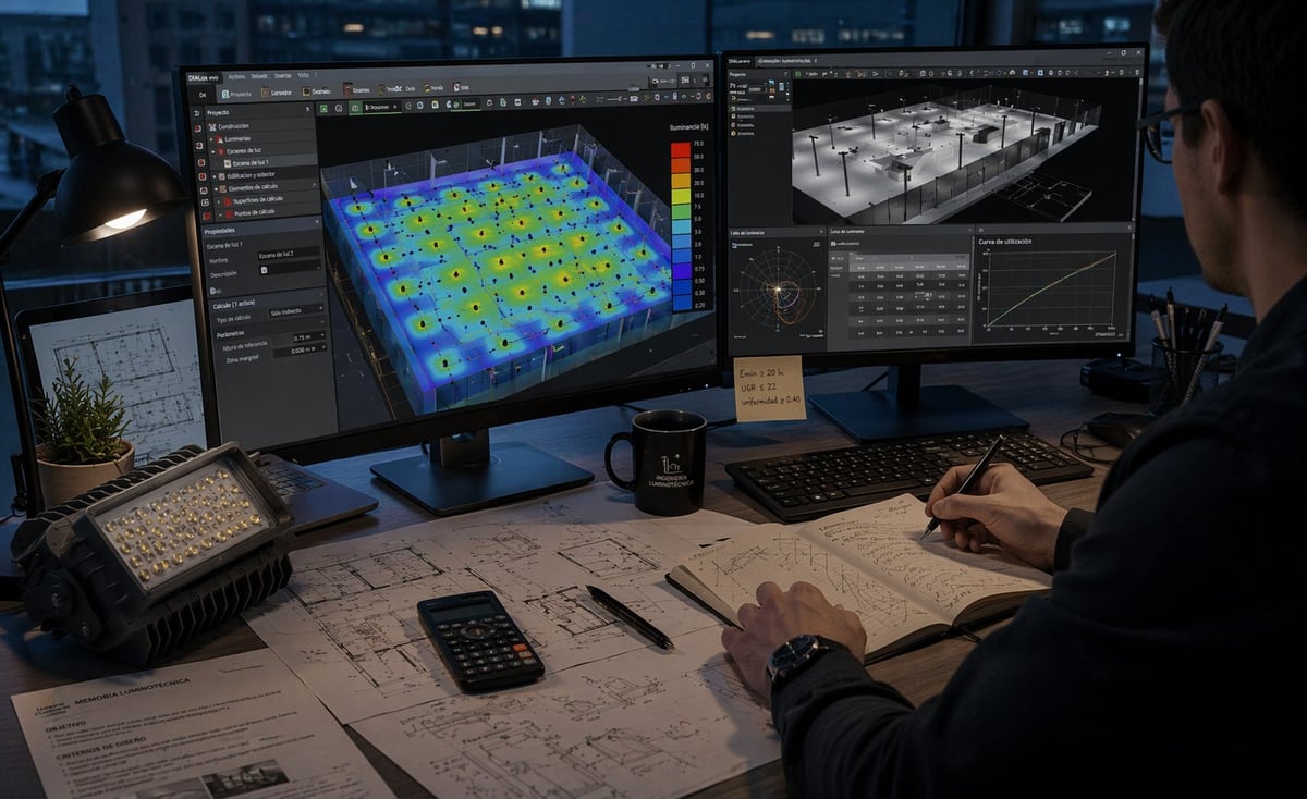 Engineer working at desk with dual monitors displaying thermal and 3D architectural design software, blueprints and tools spread across workspace