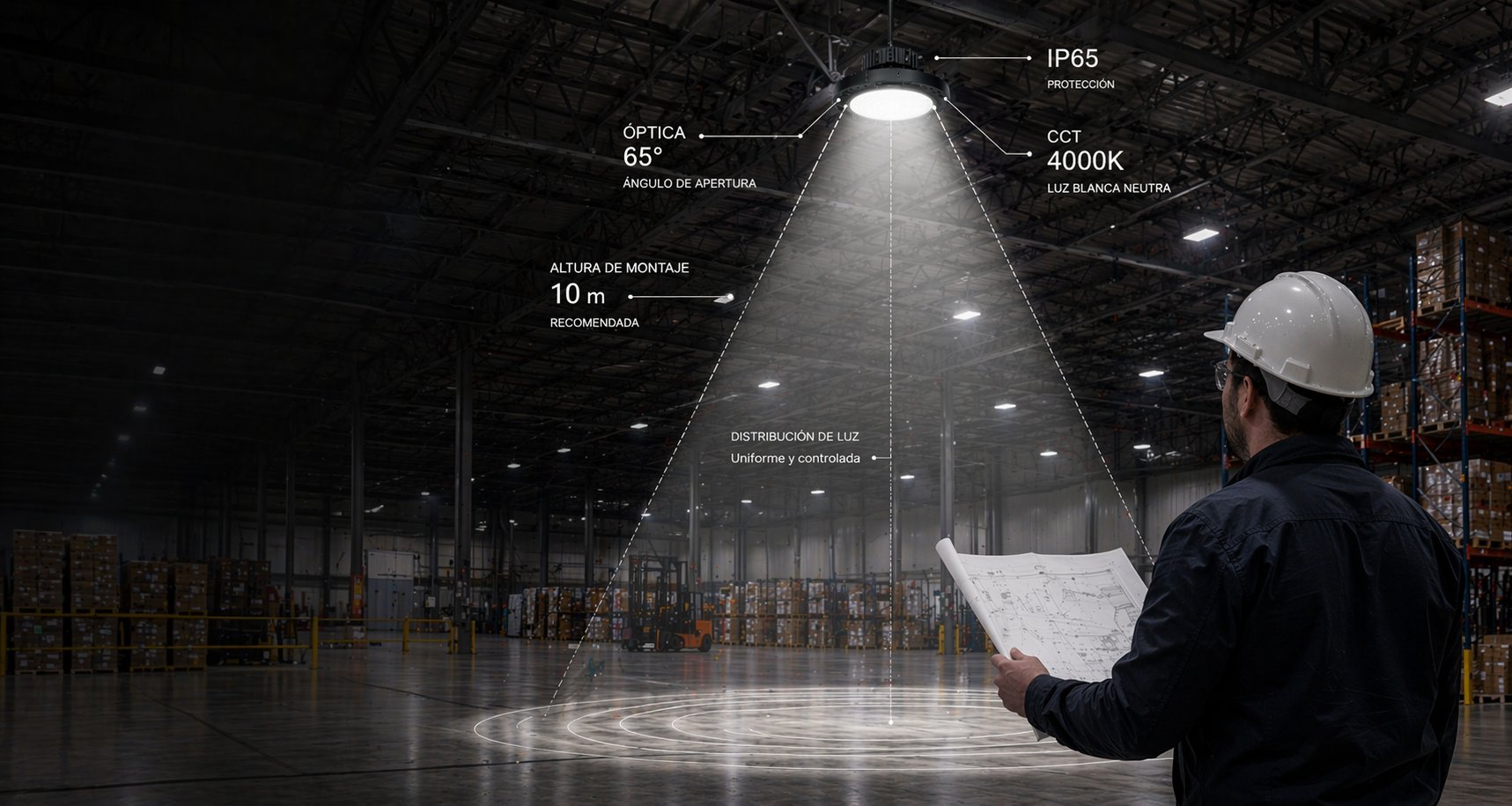 Worker in hard hat holding blueprint studying overhead industrial LED lighting specifications in warehouse with technical diagrams displayed