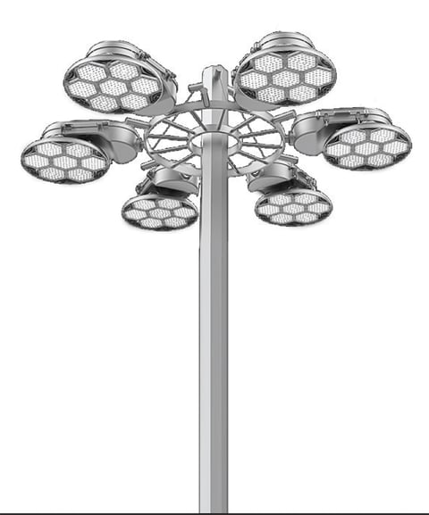 Tall metal pole with six LED stadium lights arranged in a circular pattern at the top, isolated on white background