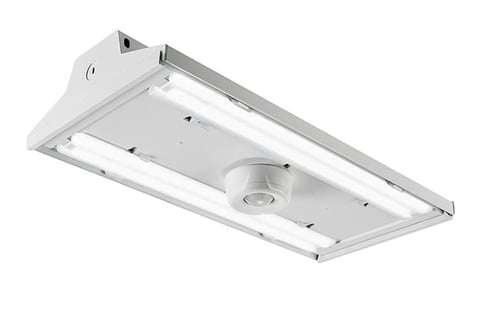 White rectangular LED ceiling light fixture with motion sensor mounted on recessed panel