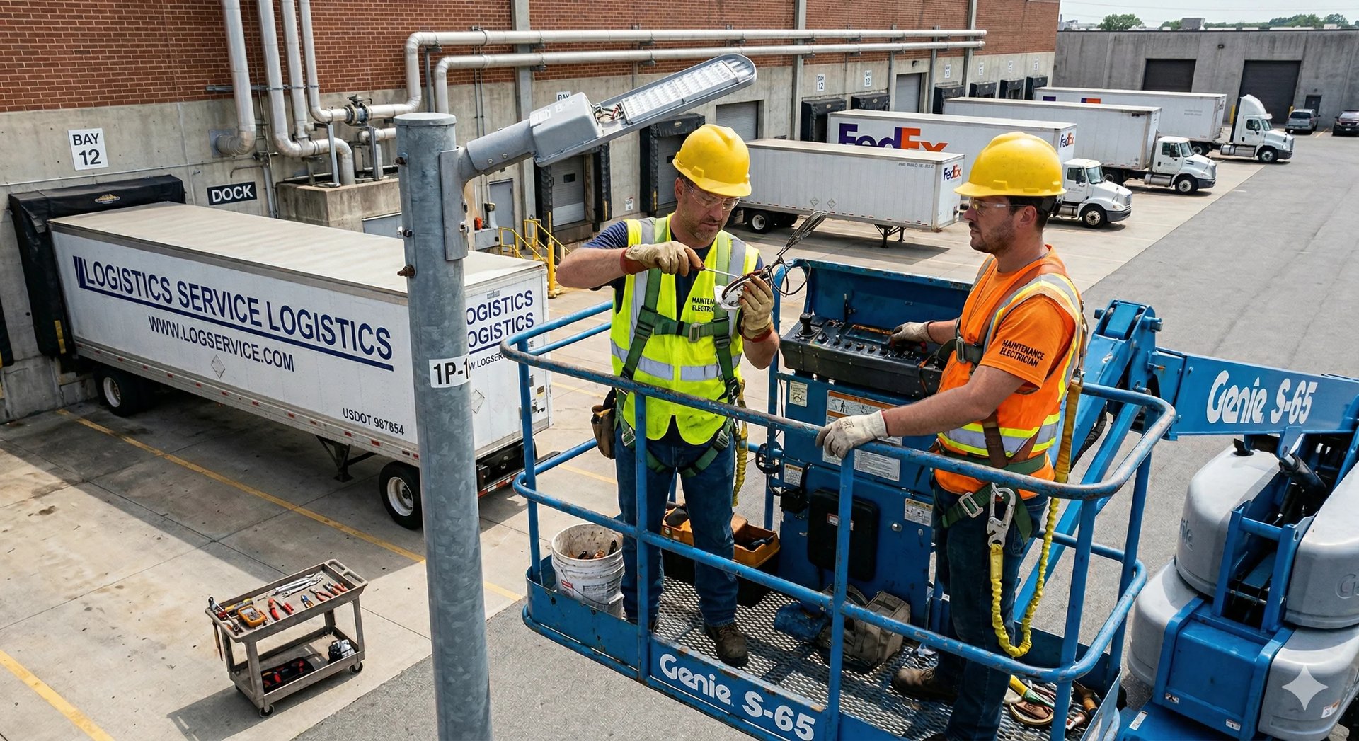 Dos trabajadores de construcción con equipo de seguridad en plataforma de elevación azul realizando mantenimiento en instalación industrial