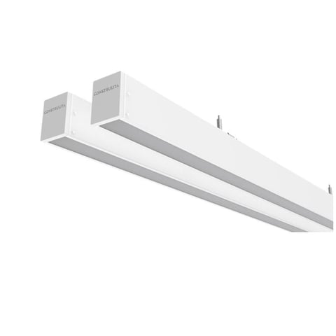 Modern white linear LED ceiling light fixture with two suspension mounts on angled isometric view