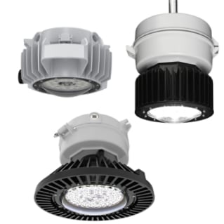 Three industrial LED high-bay lights showing top, side, and front views with aluminum housings and black heat sinks