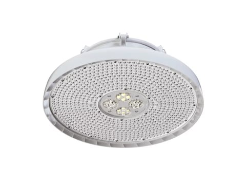 White circular LED ceiling light fixture with perforated diffuser and mounting hardware