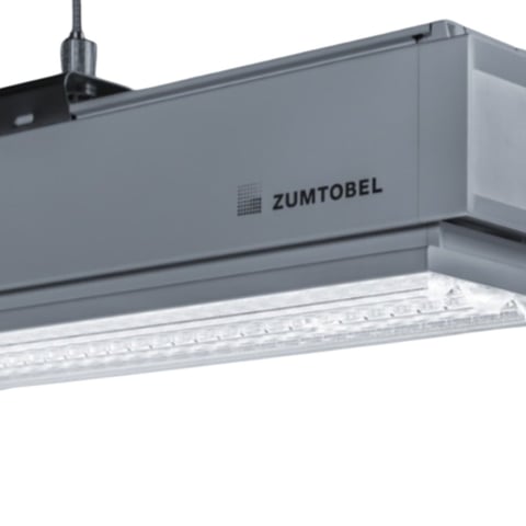 ZUMTOBEL industrial ceiling light fixture with gray housing and white LED lighting panel